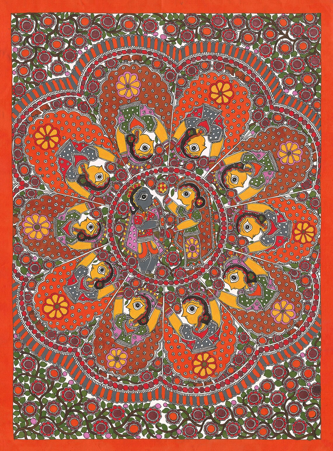Krishna Raas Leela circular mandala Madhubani painting