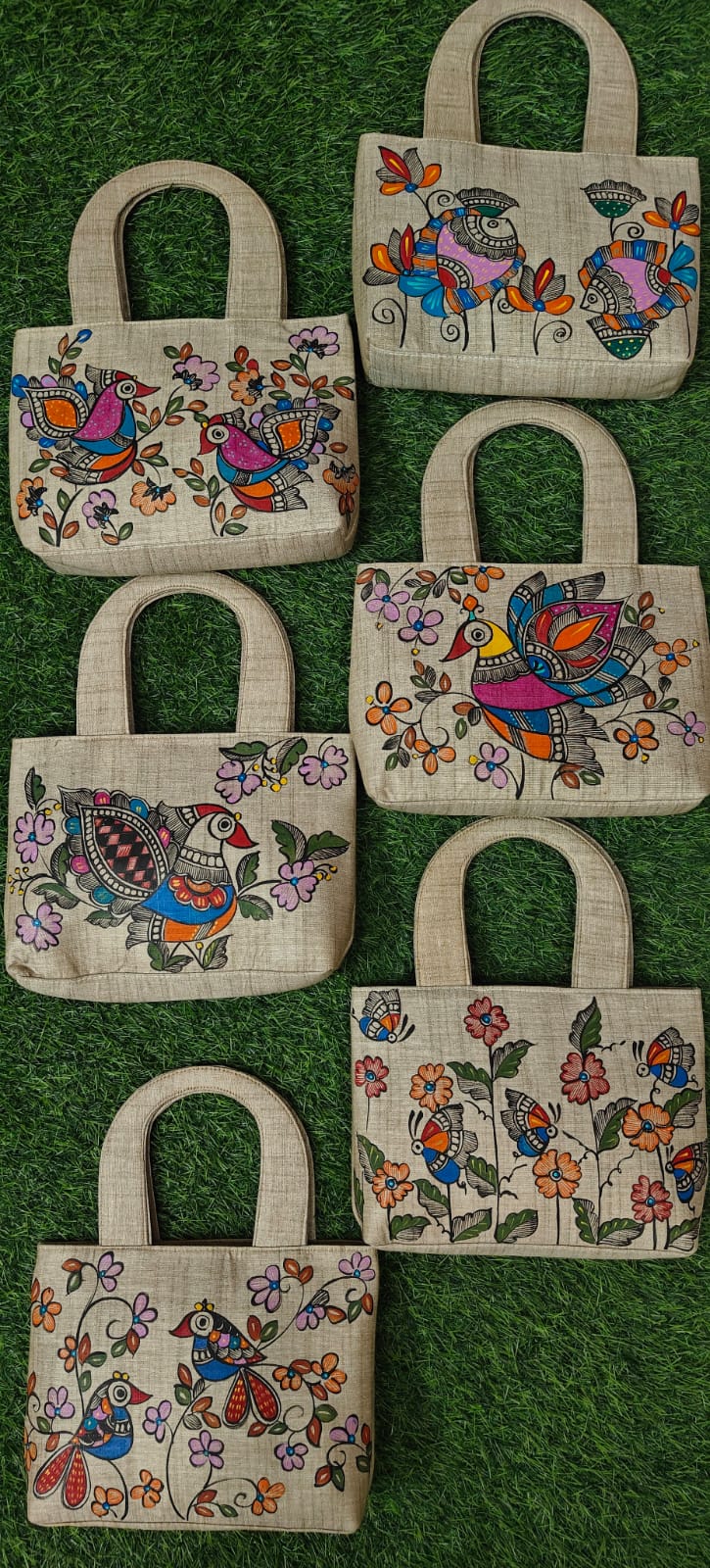 Khadi cotton purses hand-painted with peacock, fish and bird Mithila art