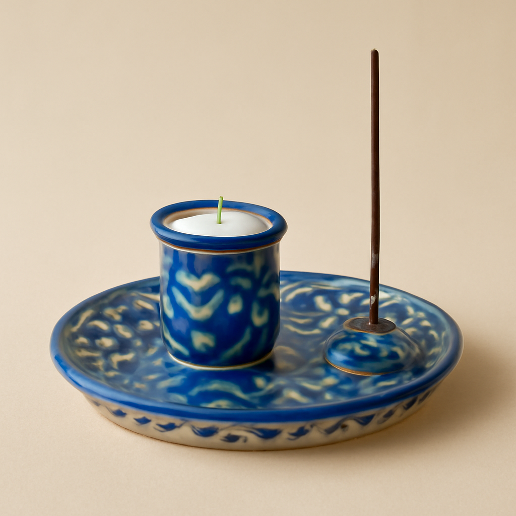 Blue Pottery Candle & Incense Holder