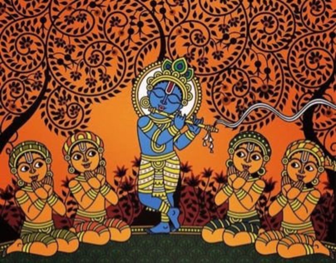 Krishna playing flute under tree Madhubani painting in orange
