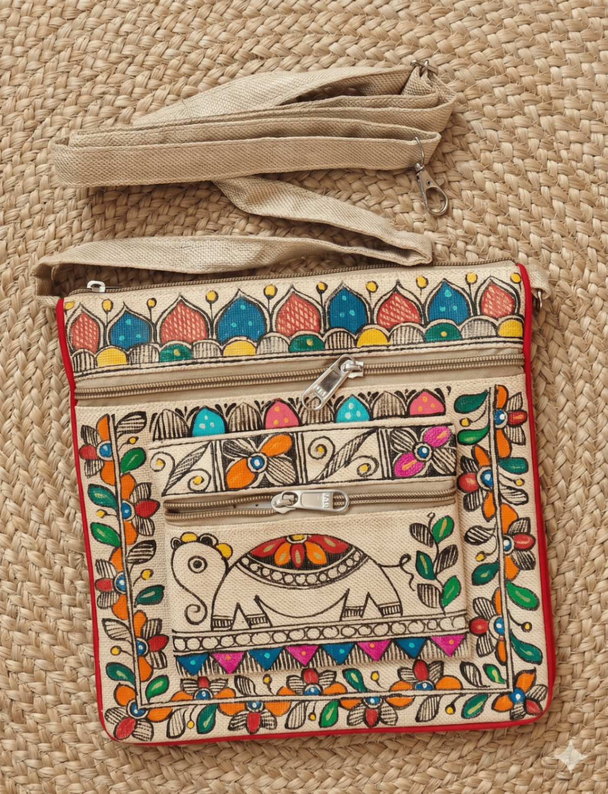 Madhubani Cross Bag flat lay showing hand-painted elephant motif