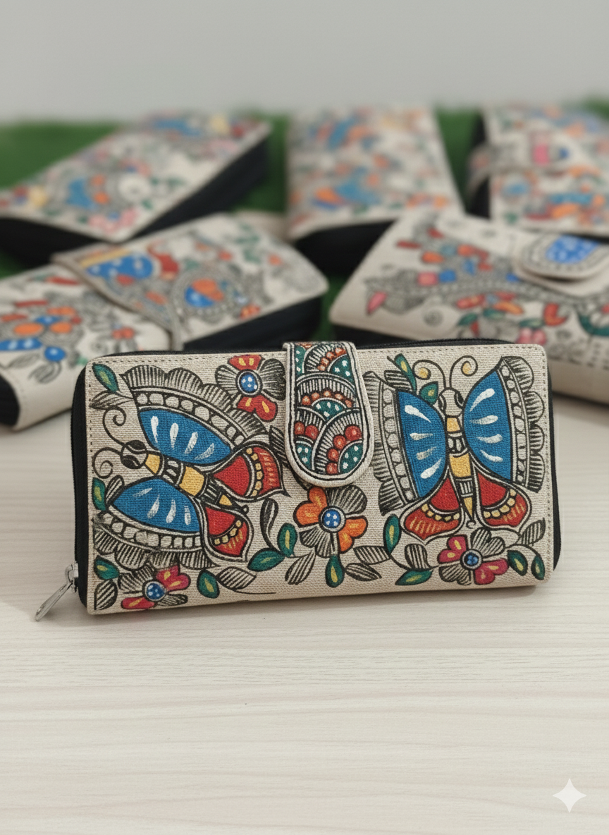 Hand-painted Madhubani jute clutch styled with collection