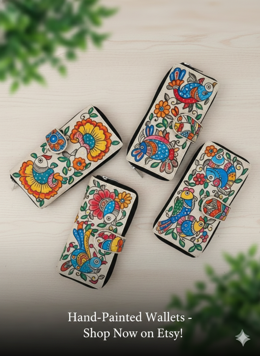 Madhubani khadi cotton jute purses on grass with lotus and fish motifs