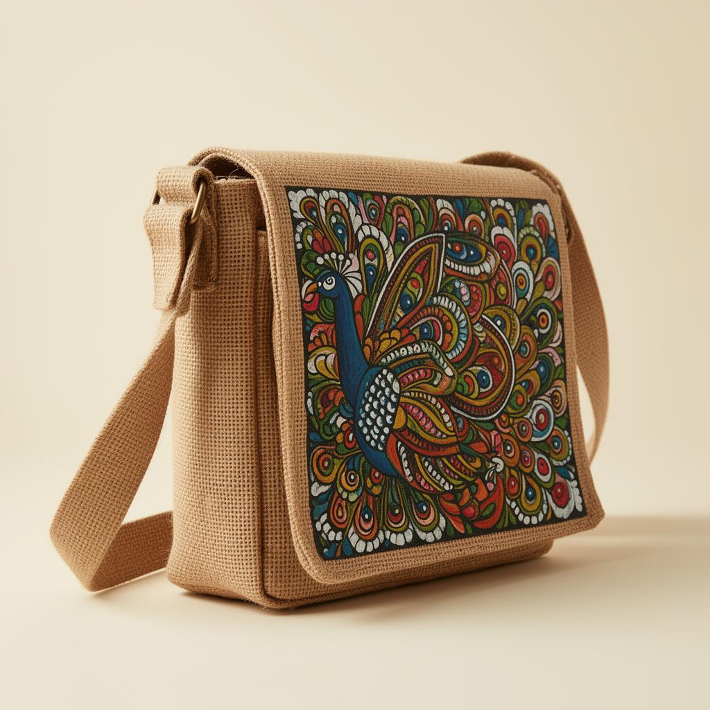 Madhubani Cross Bag — side angle with jute strap