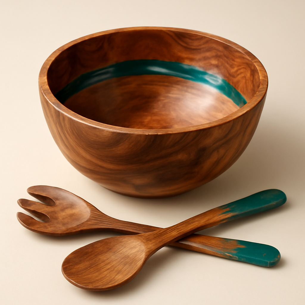 Wooden Salad Bowl with Spoon & Fork