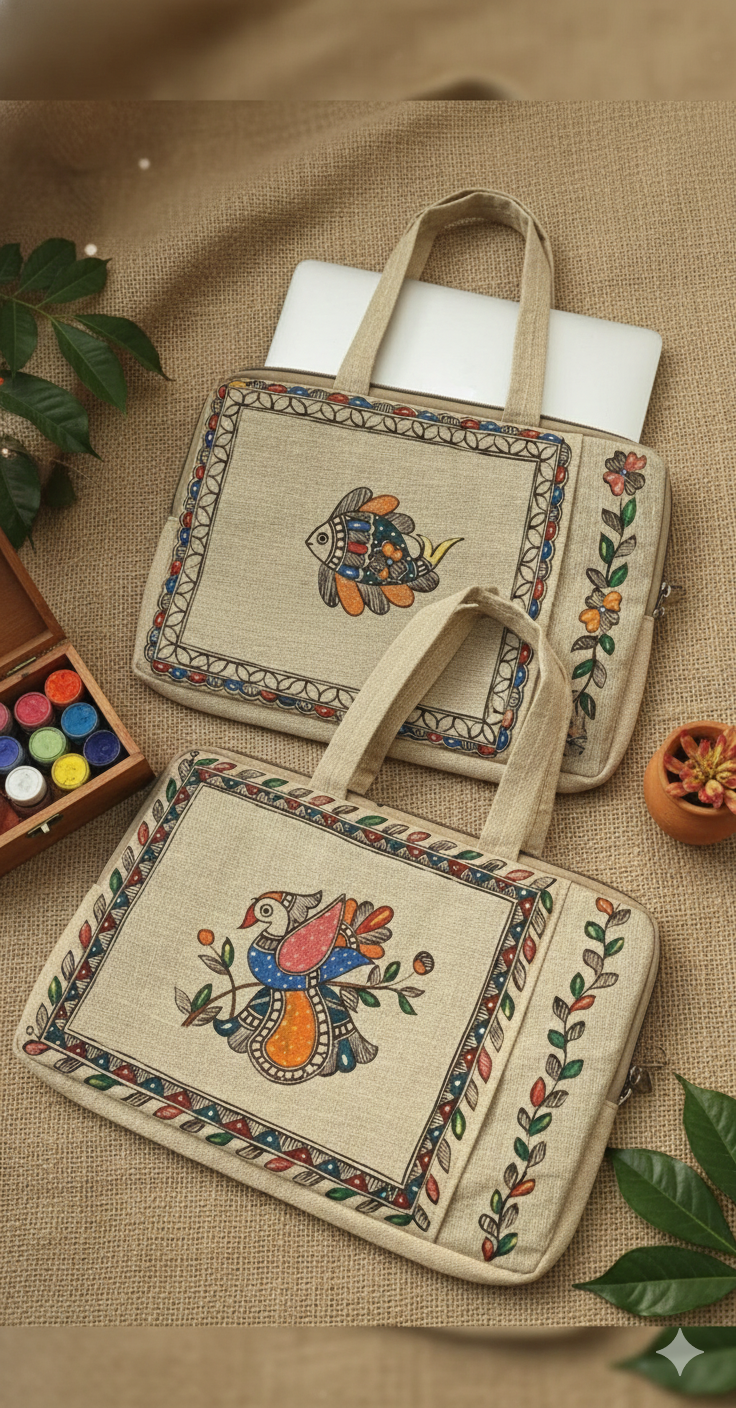 Padded laptop bag with fish motif and artisan Madhubani painting