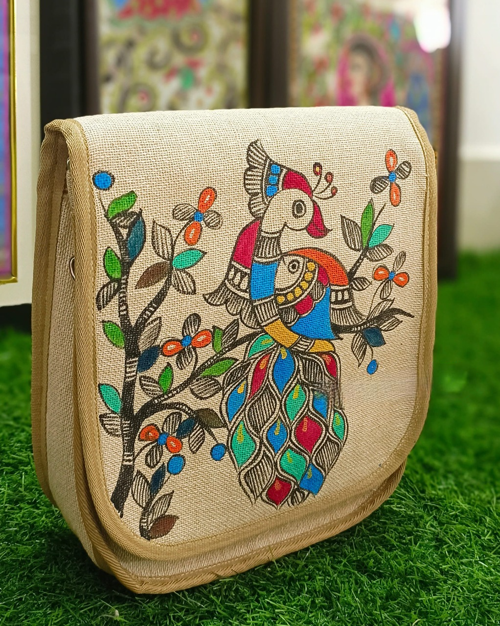 Eco friendly jute bag with peacock-inspired Madhubani painting