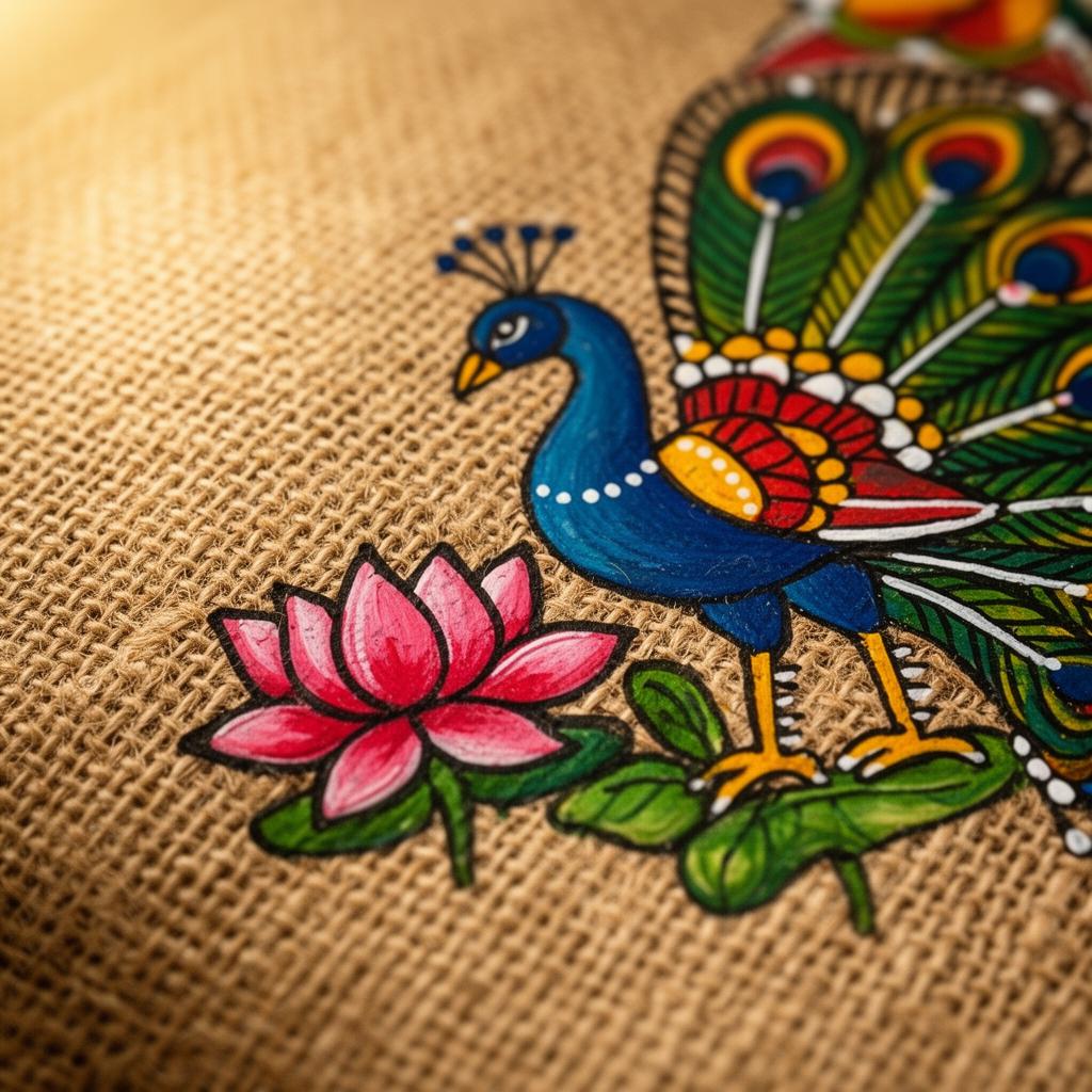 Close-up of hand-painted peacock and lotus motif on jute