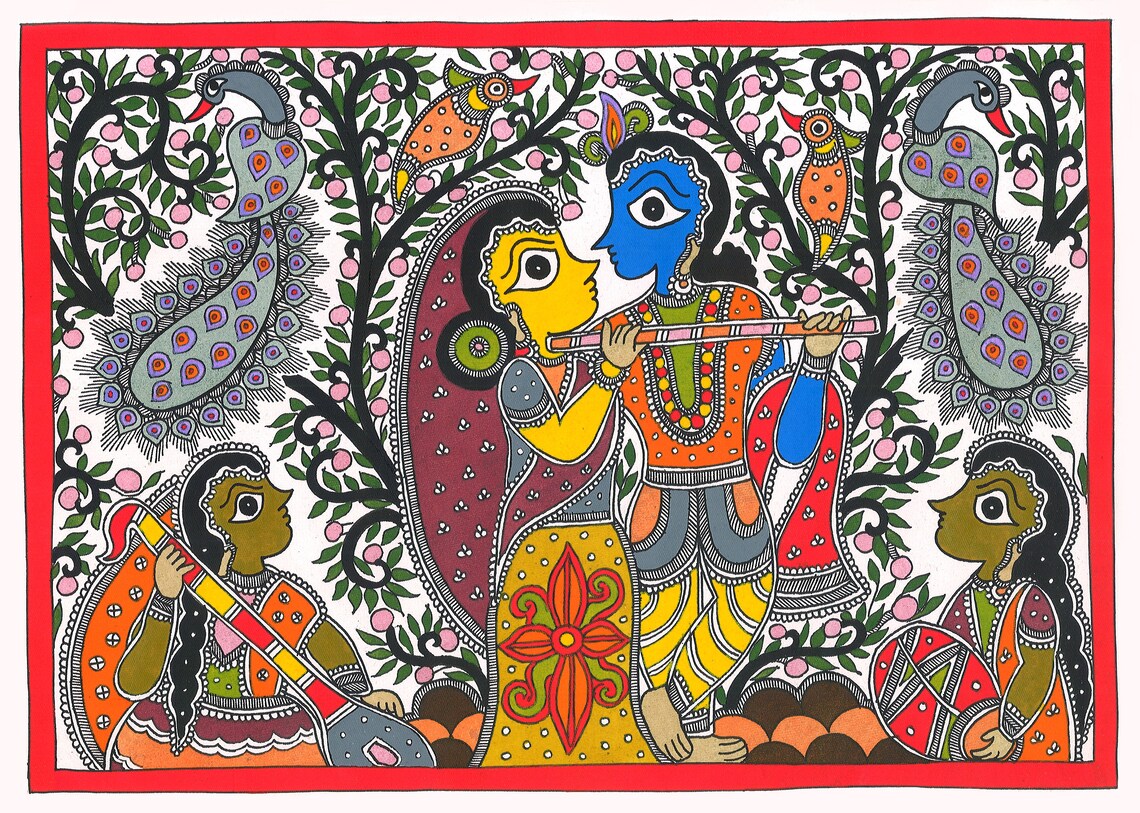 Radha Krishna Madhubani painting with peacocks and floral grove