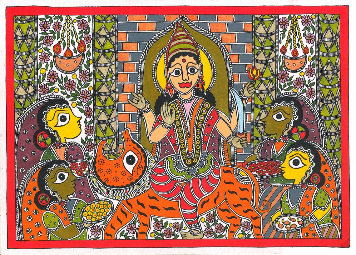 Goddess Durga on tiger Madhubani painting with devotees and lotus