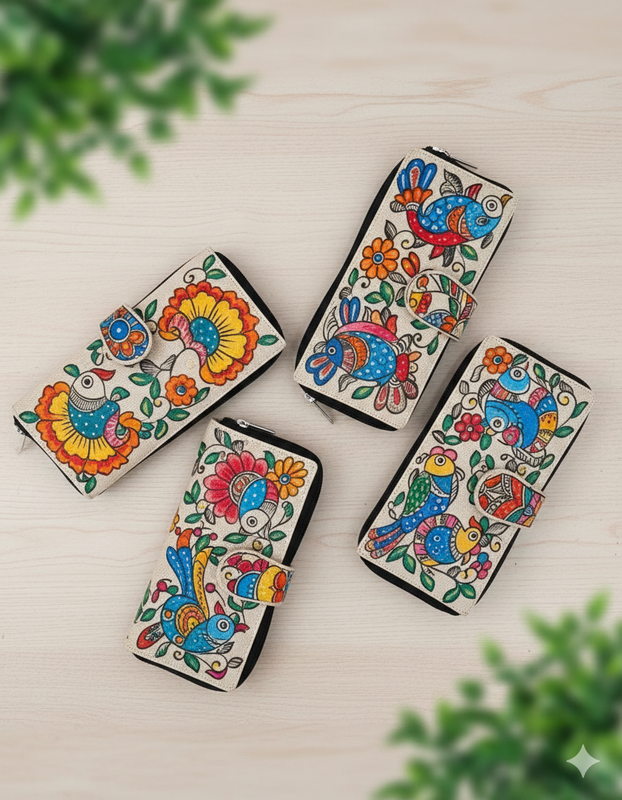 Set of four Madhubani painted jute clutches with bird and floral motifs