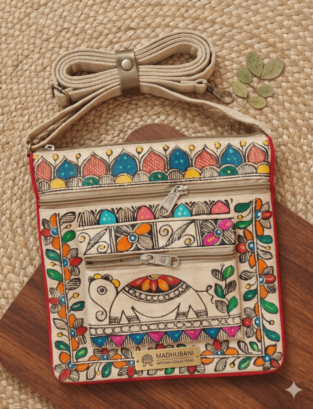 Madhubani Cross Bag with adjustable jute strap on woven mat