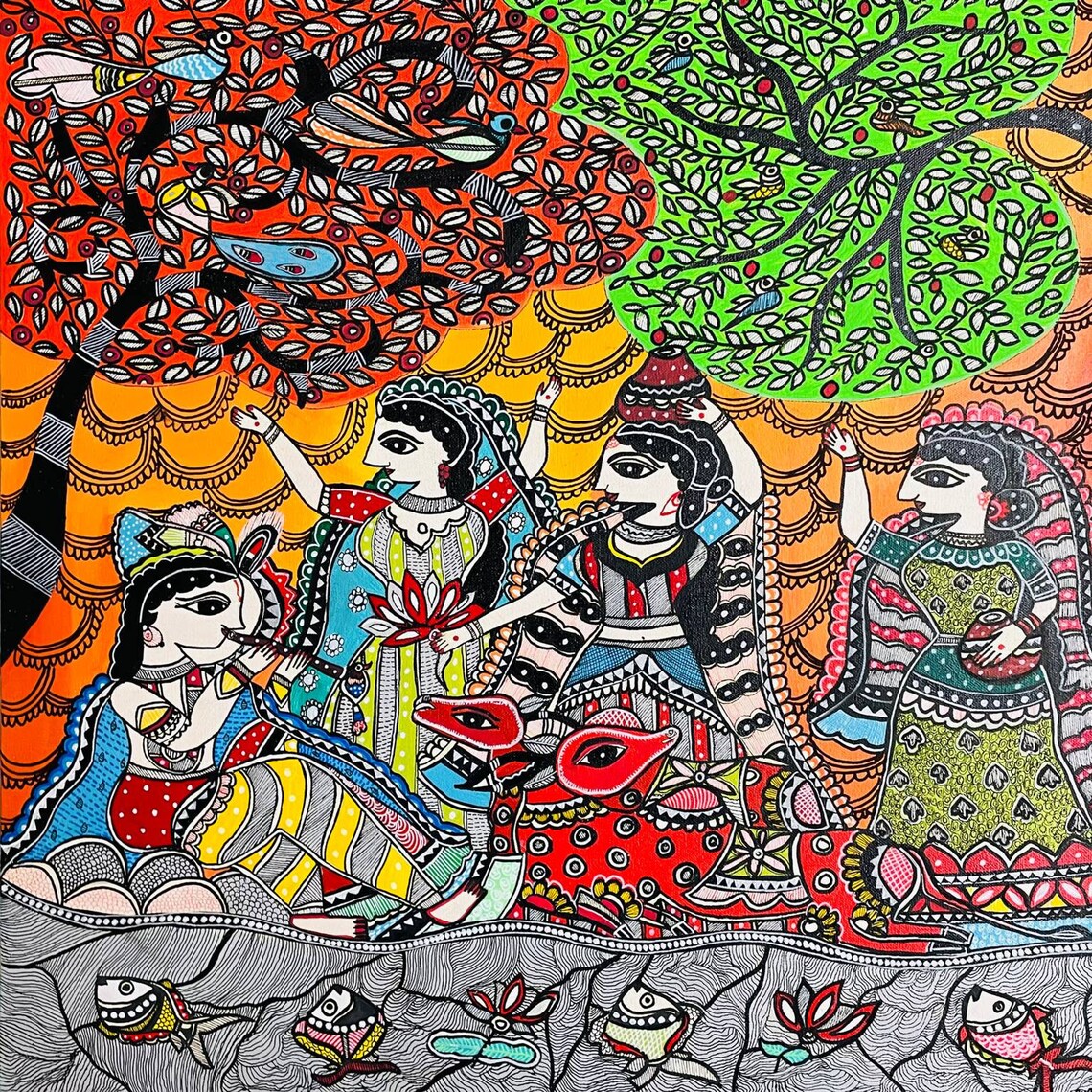 Madhubani painting of women, cow and twin trees with fish pond