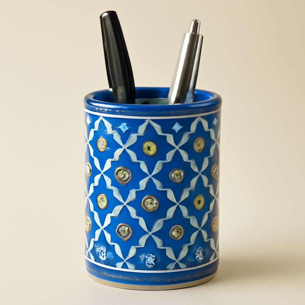 Blue Pottery Glass & Pen Holder