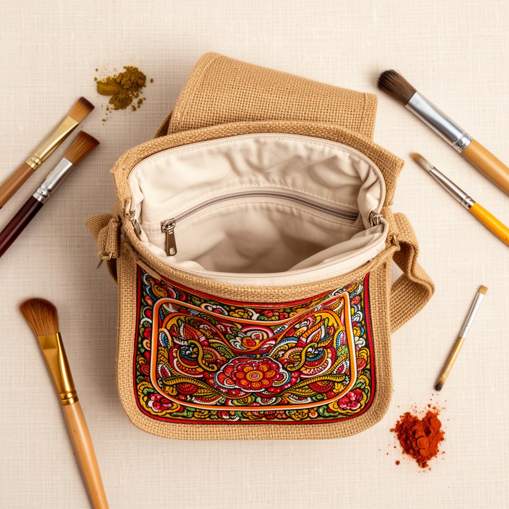 Madhubani Cross Bag — interior with cotton lining and zipper