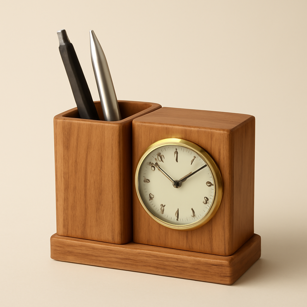 Wooden Pen Holder with Clock