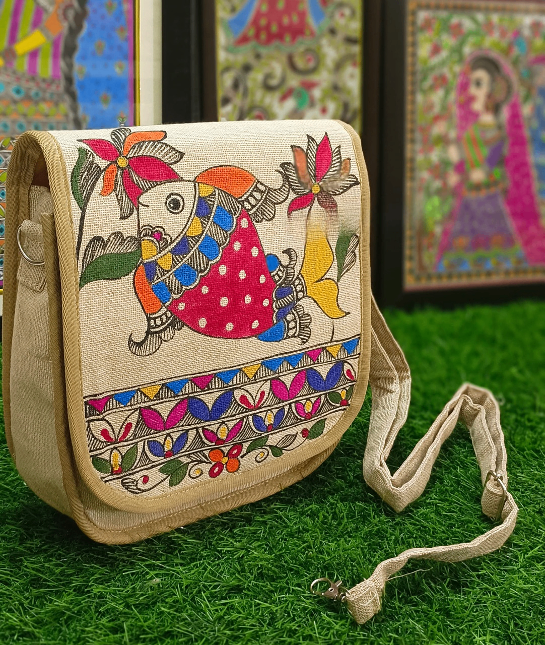 Trendy Madhubani jute sling bag with hand-painted floral bird design
