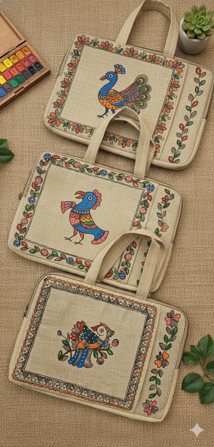 Madhubani laptop bags featuring peacock and folk bird motifs
