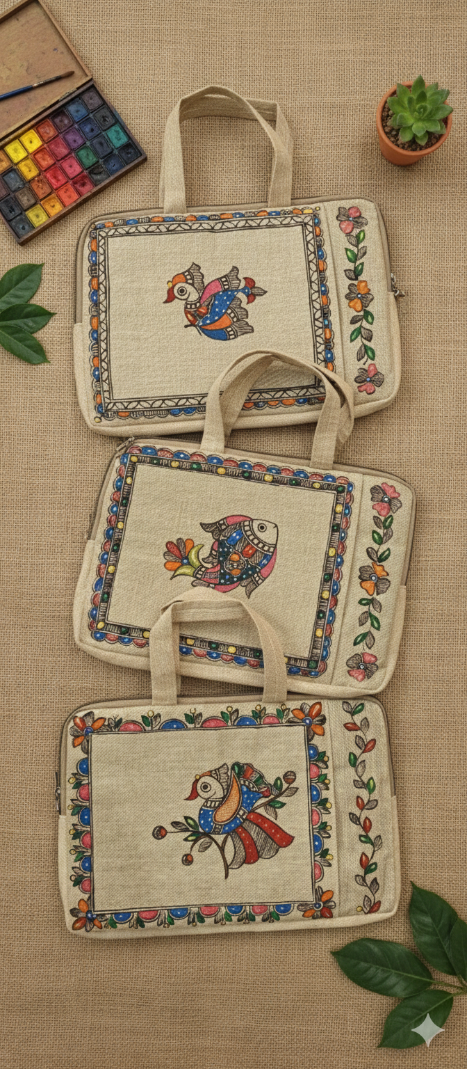 Hand-painted jute laptop bags with colorful bird and fish artwork
