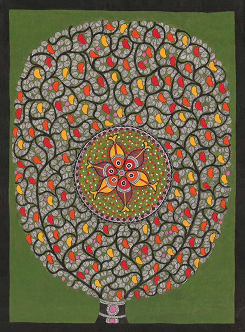 Vibrant Madhubani painting with central fish mandala on green field