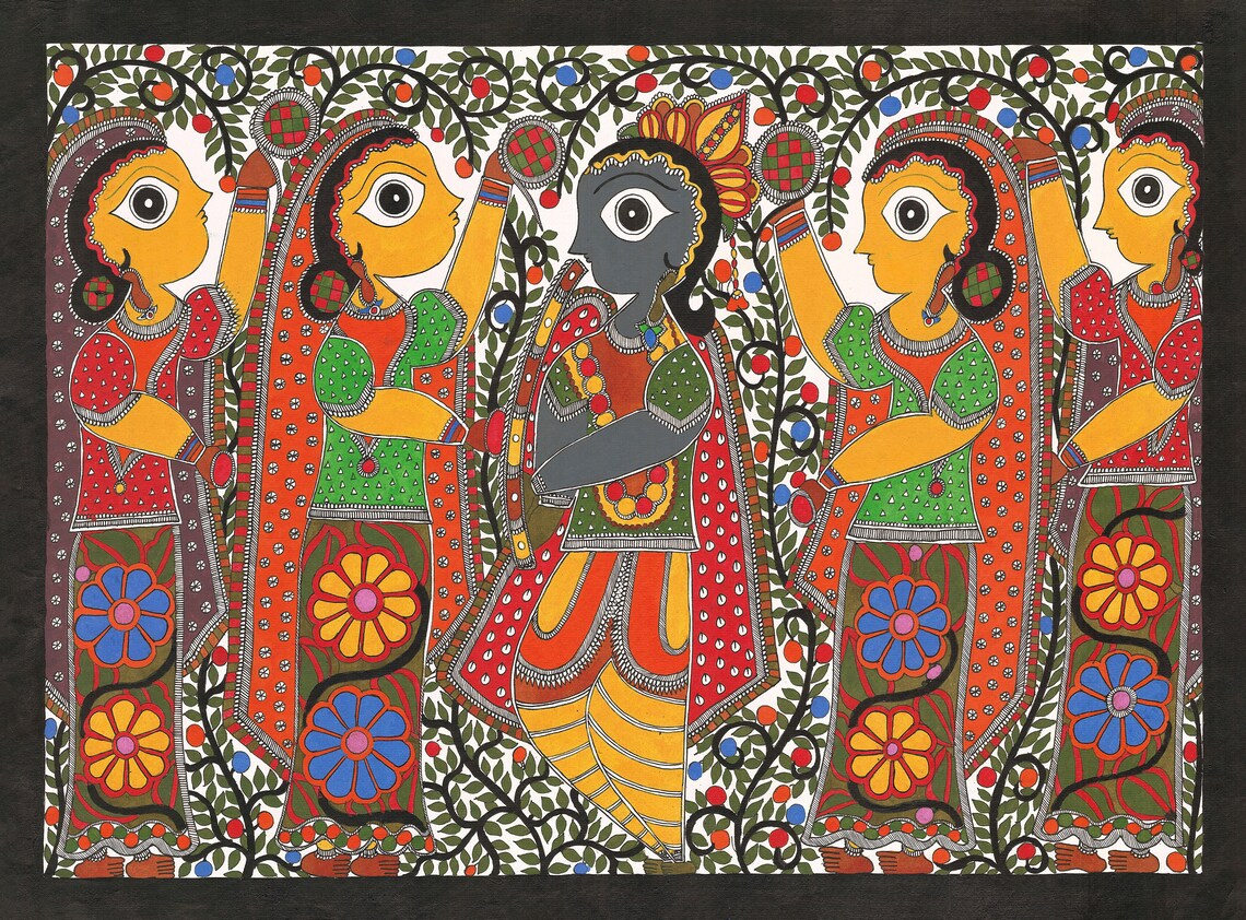Krishna with gopis Madhubani folk dance painting