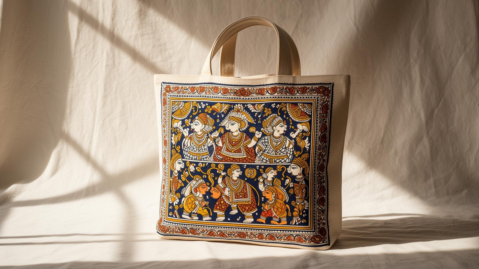 Handmade Madhubani painted tote bag
