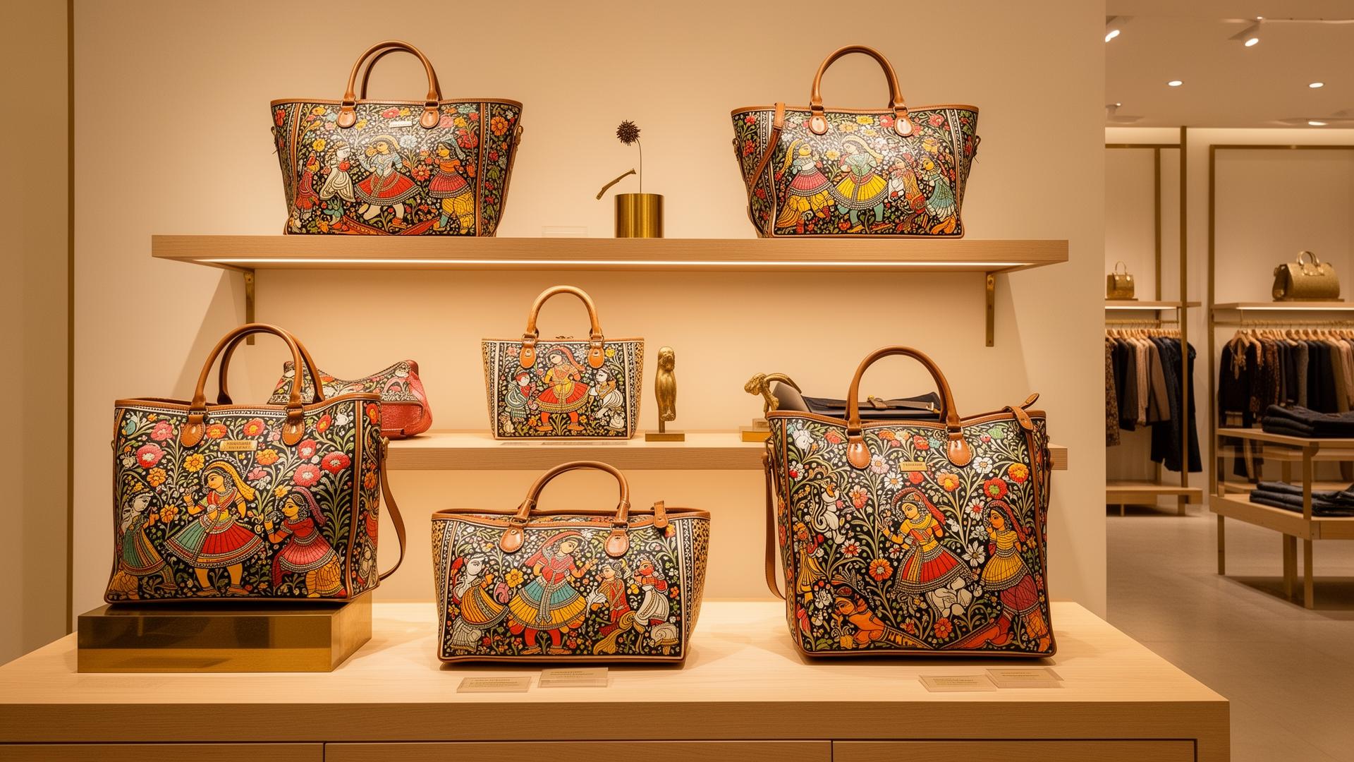 Madhubani bags displayed in upscale boutique
