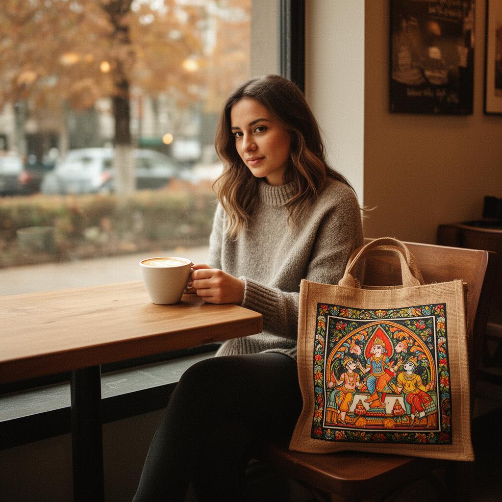 Woman with Madhubani tote at European cafe