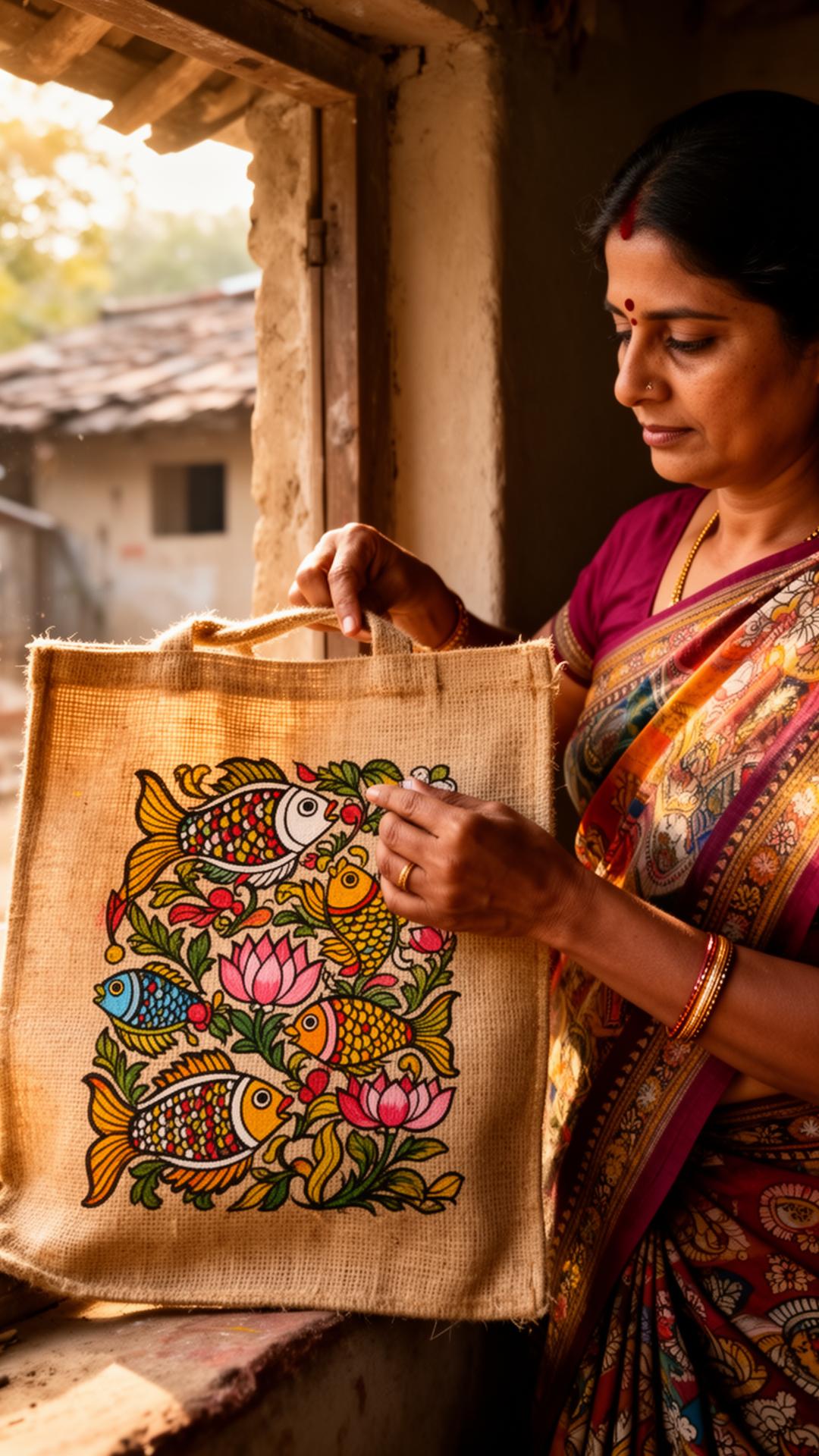 Close-up of Indian woman artisan painting Madhubani motifs onto a jute bag
