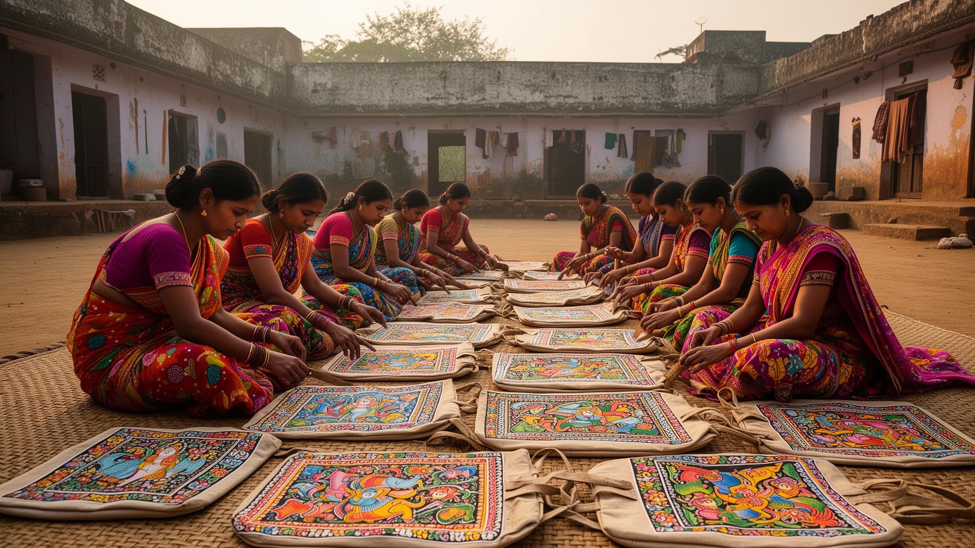 Women artisans painting Madhubani bags in a Bihar village courtyard
